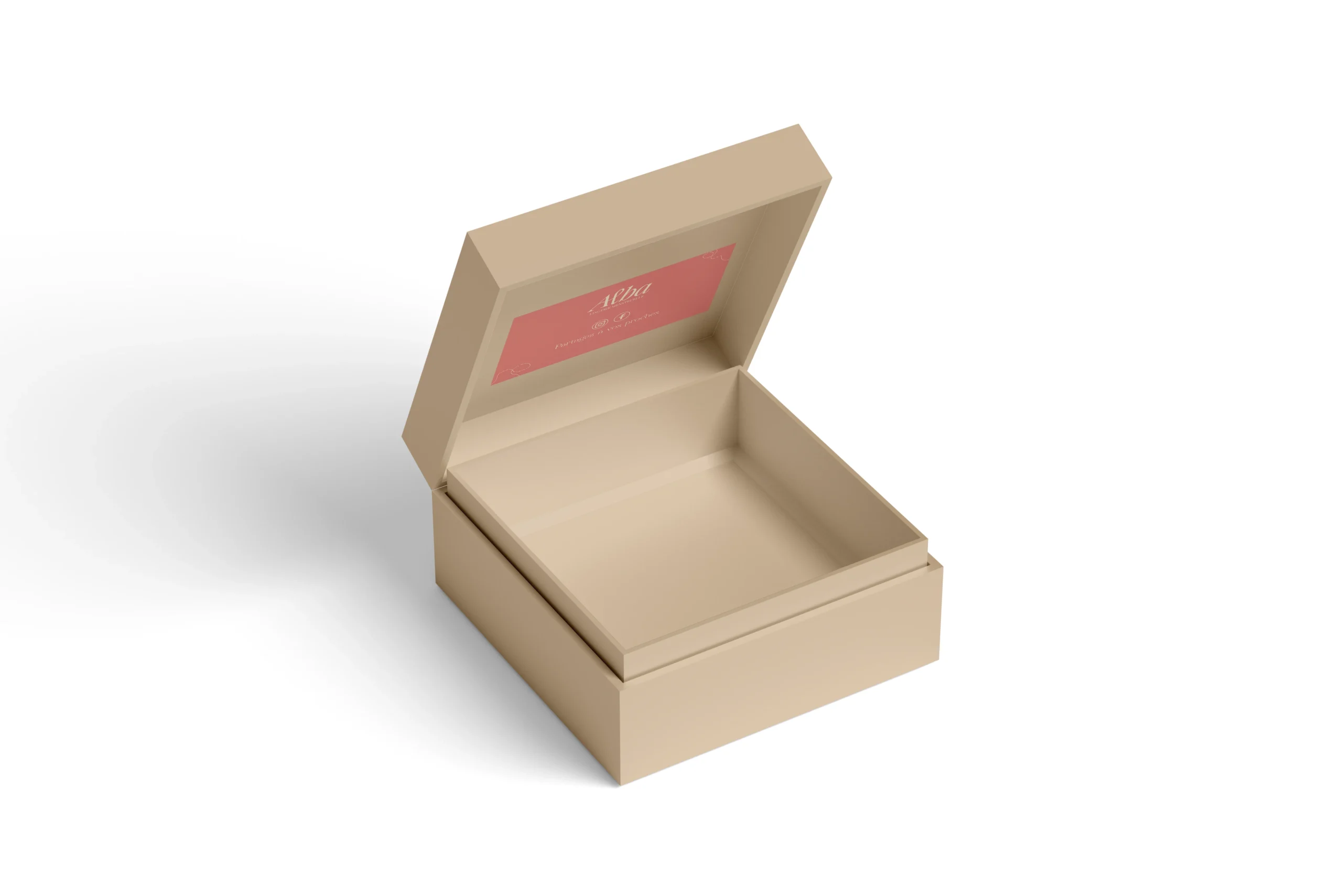 Boîte d’expédition beige de la marque Alba, ouverte, avec message de bienvenue à l’intérieur du couvercle