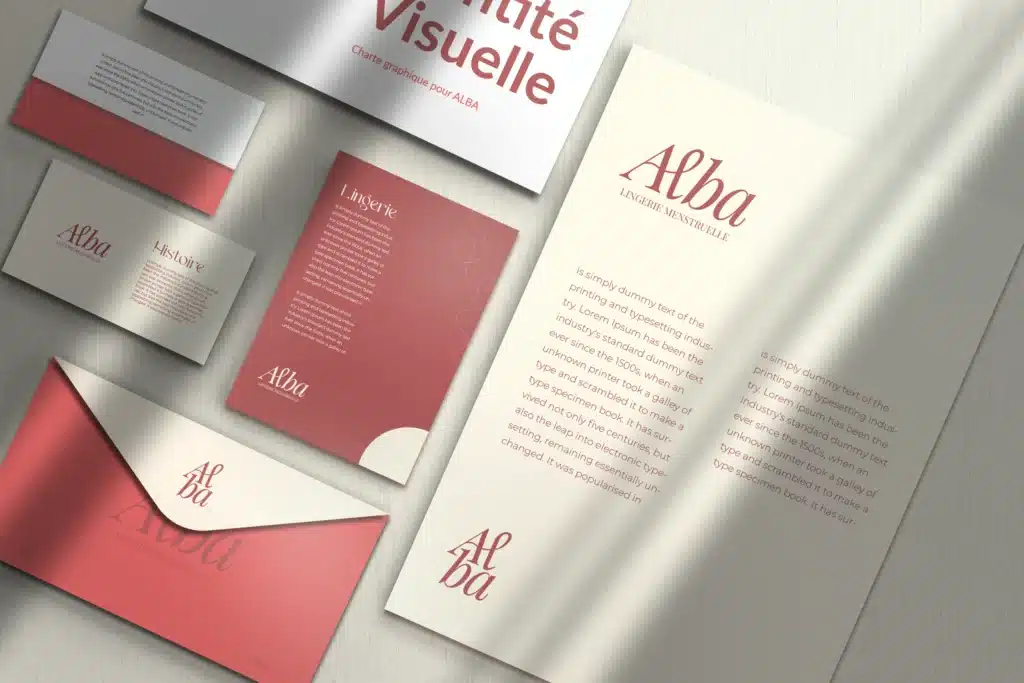 rose 8 (A) Éléments de charte graphique de la marque Alba, lingerie menstruelle : affiches, enveloppes, cartes, et documents de présentation sur fond clair